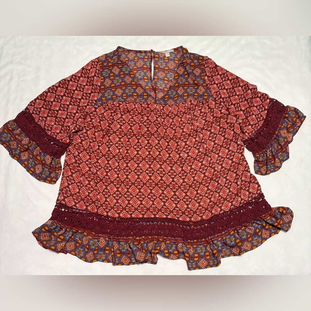 Woman Within Red Relaxed Blouse with Ruffled Sleeves
